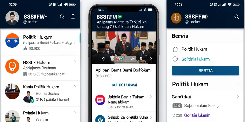 Antarmuka aplikasi 888FW menampilkan berita politik dan hukum terkini.