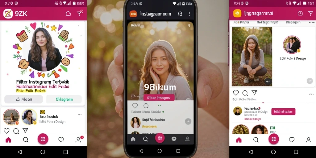 Tampilan antarmuka aplikasi 9ZK dengan filter Instagram yang menarik.