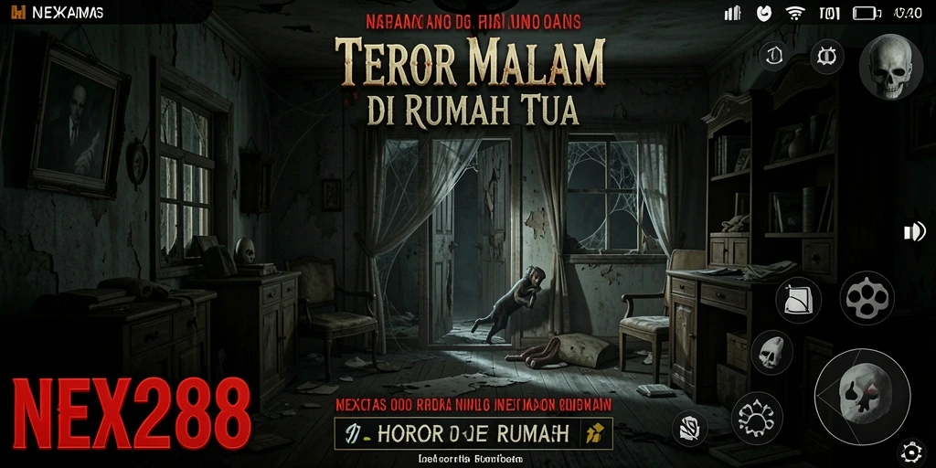 Screenshot menunjukkan suasana menyeramkan di dalam rumah tua.