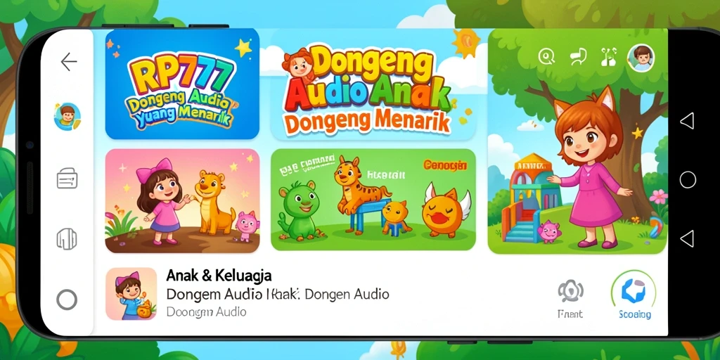Antarmuka aplikasi RP777 menampilkan beragam dongeng audio yang menarik.